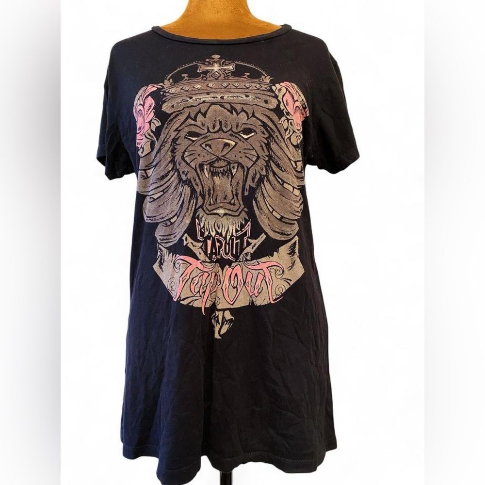 Black Y2K Tapout Lion Graphic Tee:Bikercore Biker Skater Grunge Emo Goth Sporty
